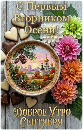 Открытка С ПЕРВЫМ ВТОРНИКОМ ОСЕНИ! ДОБРОЕ УТРО СЕНТЯБРЯ