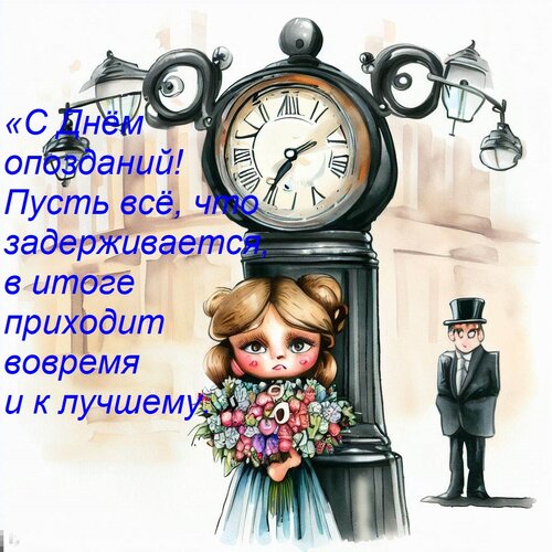 Открытка «С Днём опозданий! Пусть всё, что задерживается, в итоге приходит вовремя и к лучшему. »