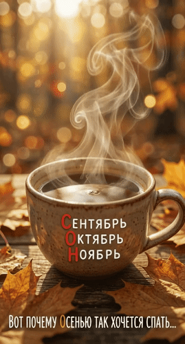 Анимированная открытка Сентябрь Октябрь Ноябрь Вот почему осенью так хочется спать...