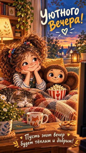 Открытка Уютный сентябрьский вечер: любимые герои, тёплый плед и хорошее настроение.