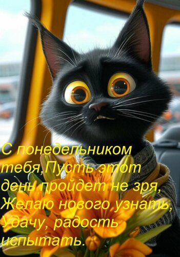 Открытка С понедельником тебя, Пусть этот день пройдет не зря, Желаю нового узнать, Удачу, радость испытать.
