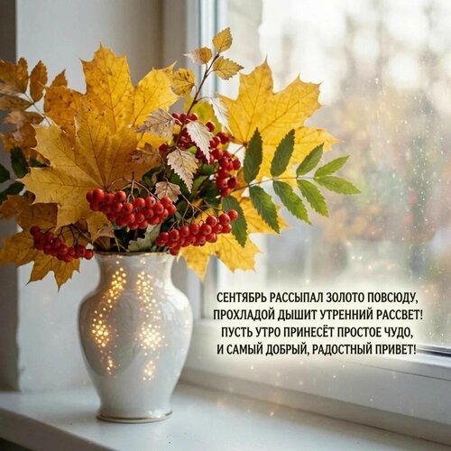 Открытка Сентябрь рассыпал золото повсюду, Прохладой дышит утренний рассвет!