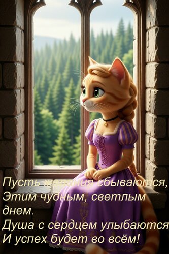 Открытка Пусть желания сбываются, Этим чудным, светлым днем. Душа с сердцем улыбаются И успех будет во всём!