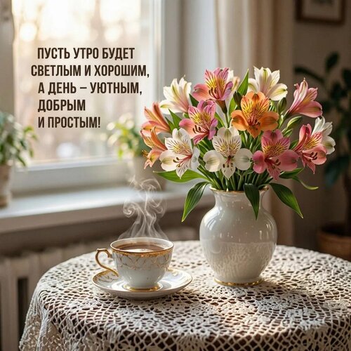 Открытка Пусть утро будет светлым и хорошим, а день - уютным, добрым и простым!