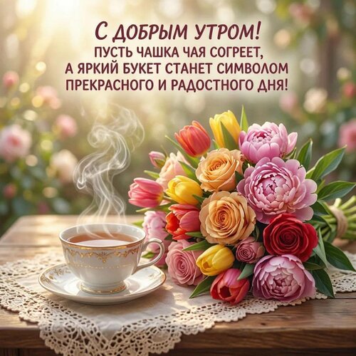 Открытка С добрым утром! Пусть чашка чая согреет, а яркий букет станет символом прекрасного и радостного дня!