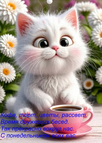 Открытка Кофе, торт, цветы, рассвет. Время дружеских бесед. Так прекрасно вокруг нас. С понедельником всех ва