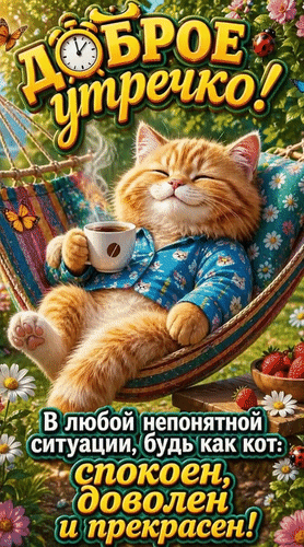 Анимированная открытка Доброе утречко! В любой непонятной ситуации, будь как кот: спокоен, доволен и прекрасен!