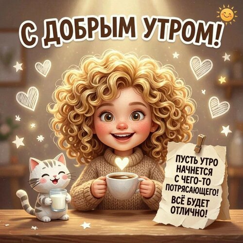 Открытка С добрым утром! Пусть утро начнется с чего-то потрясающего! Всё будет отлично!
