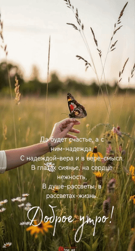 Анимированная открытка Доброе утро! Да будет счастье, а с ним - надежда, с надеждой - вера и в вере - смысл. В глазах сиянь