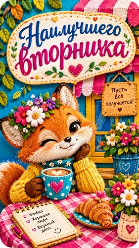 Открытка Наилучшего вторничка! Пусть день радует улыбками, уютом и маленькими чудесами.