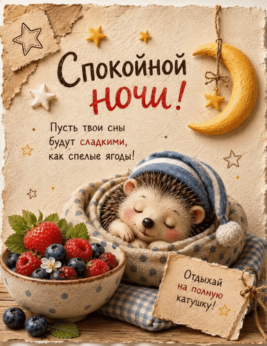 Анимированная открытка Спокойной ночи! Пусть твои сны будут сладкими, как спелые ягоды! Отдыхай на полную катушку!