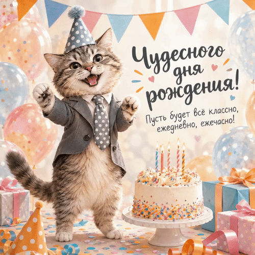 Анимированная открытка Чудесного дня рождения! Пусть будет всё классно, ежедневно, ежечасно!