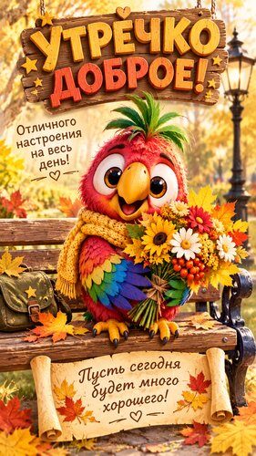 Открытка Доброе утречко! Яркий попугай с осенним букетом дарит тепло и хорошее настроение на весь день!