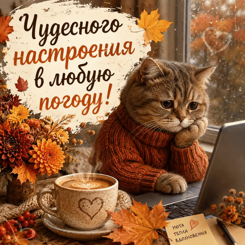 Анимированная открытка Чудесного настроения в любую погоду! Уюта, тепла, вдохновения.