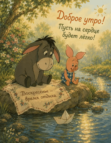 Анимированная открытка Доброе утро! Пусть на сердце будет легко! Воскресенье - время отдыха!