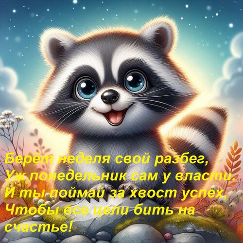 Открытка Берёт неделя свой разбег, Уж понедельник сам у власти. И ты поймай за хвост успех, Чтобы все цели би