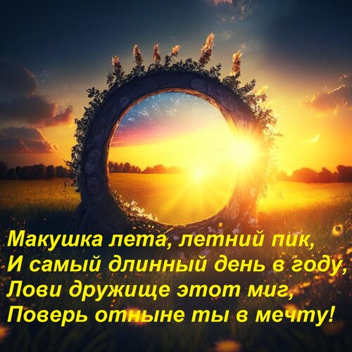 Открытка Макушка лета, летний пик, И самый длинный день в году, Лови дружище этот миг, Поверь отныне ты в меч