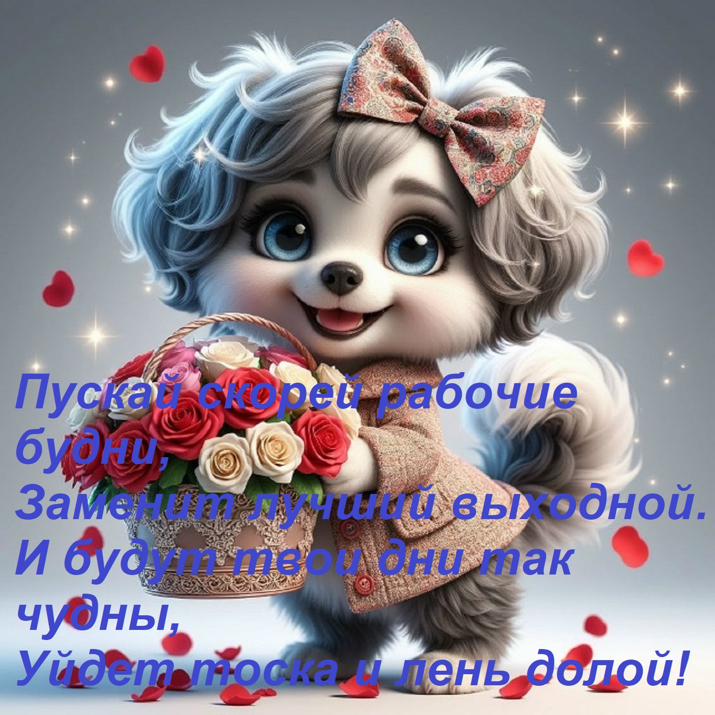 Открытка Пускай скорей рабочие будни, Заменит лучший выходной. И будут твои дни так чудны, Уйдет тоска и лень