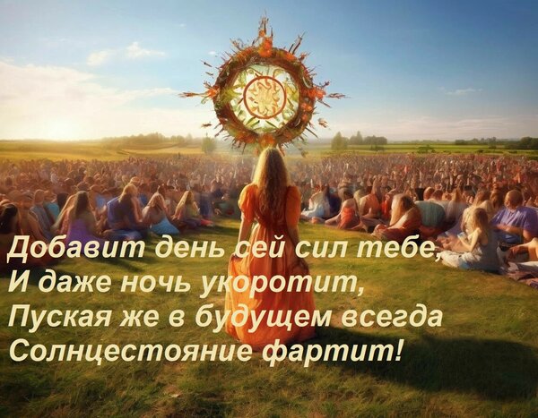 Открытка Добавит день сей сил тебе, И даже ночь укоротит, Пуская же в будущем всегда Солнцестояние фартит!