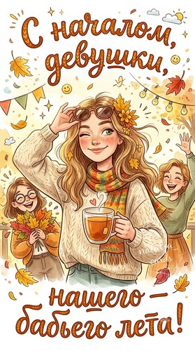 Открытка С началом, девушки, нашего - бабьего лета.