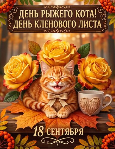 Открытка День кленового листа и день рыжего кота 18 сентября