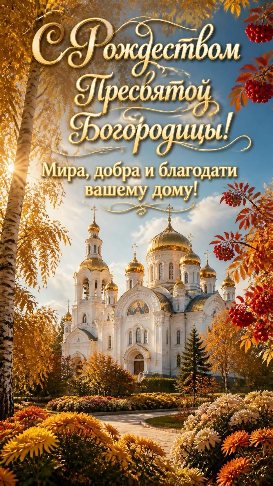 Открытка С Рождеством пресвятой Богородицы. Мира, добра и благодати вашему дому.