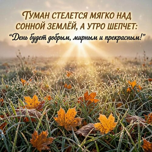 Открытка Туман стелется мягко над сонной землёй, а утро шепчет: День будет, добрым, мирным и прекрасным!