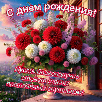 Анимированная открытка С днем рождения! Пусть благополучие станет твоим постоянным спутником!