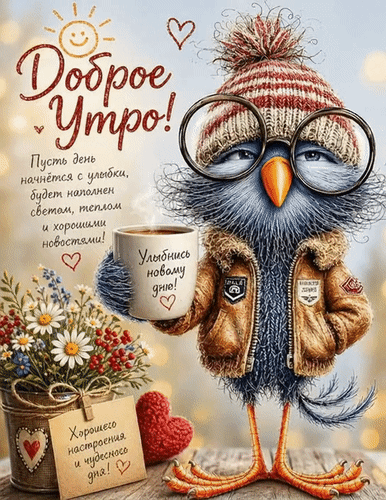 Анимированная открытка Доброе утро! Хорошего настроения и чудесного дня! Улыбнись новому дню! пусть день начнется с улыбки,