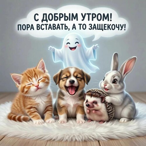 Открытка С добрым утром! Пора вставать, а то защекочу!