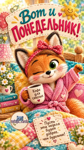 Открытка Понедельник начинается с кофе, уютного пледа и немного самоиронии ☕????