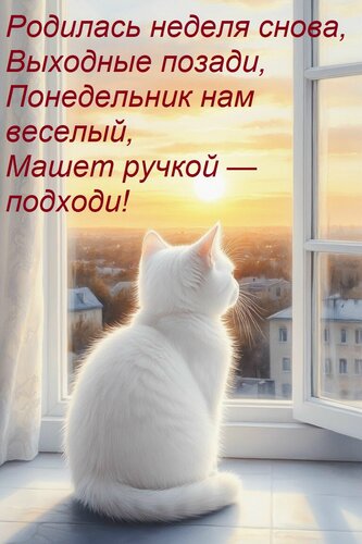 Открытка Родилась неделя снова, Выходные позади, Понедельник нам веселый, Машет ручкой — подходи!