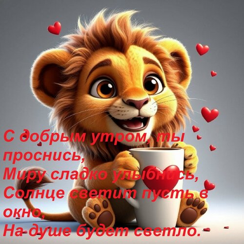 Открытка С добрым утром, ты проснись, Миру сладко улыбнись, Солнце светит пусть в окно, На душе будет светло.