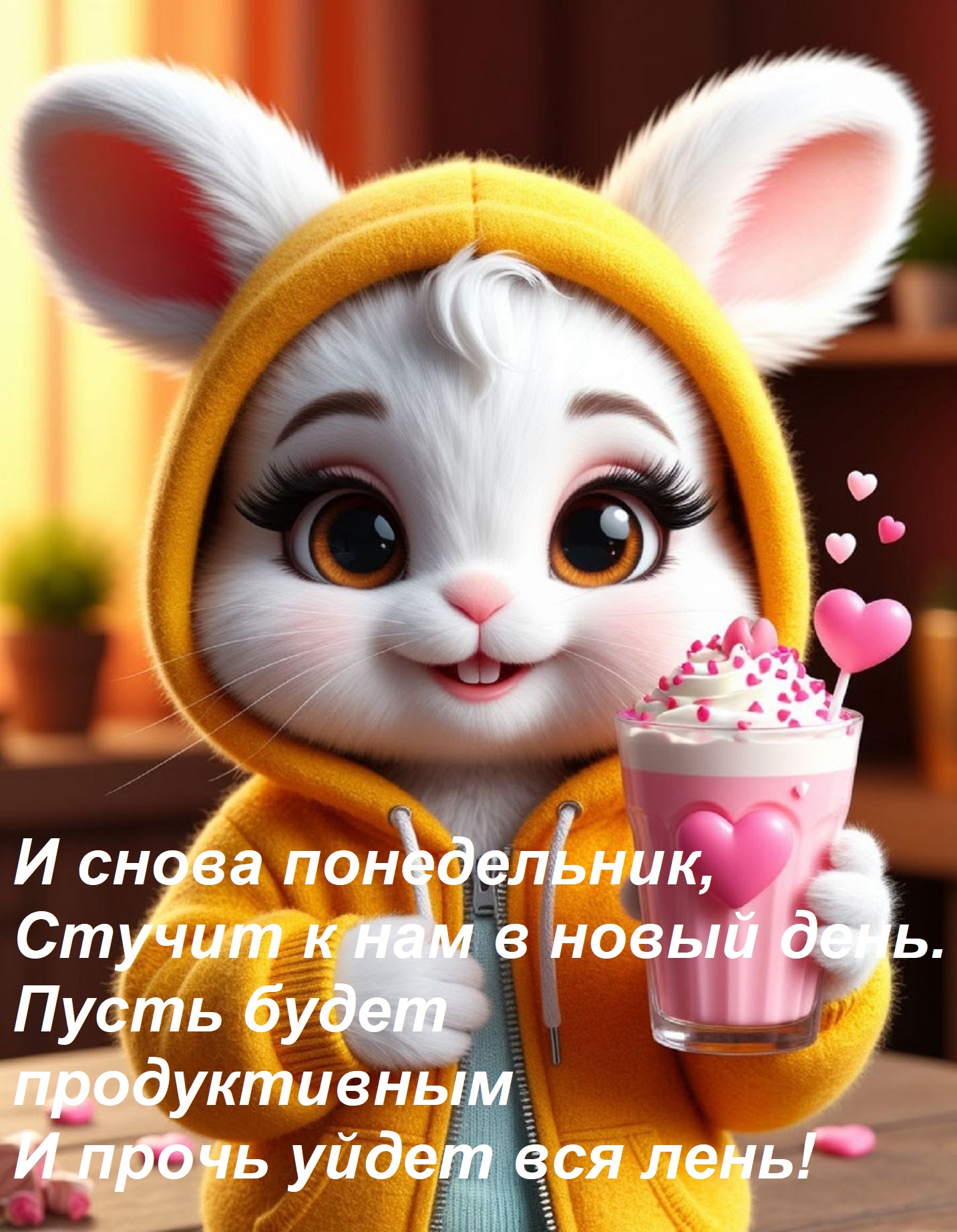 Открытка И снова понедельник, Стучит к нам в новый день. Пусть будет продуктивным И прочь уйдет вся лень!