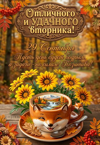 Открытка Отличного и удачного вторника 29 сентября