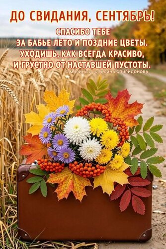 Открытка ДО СВИДАНИЯ, СЕНТЯБРЬ! СПАСИБО ТЕБЕ ЗА БАБЬЕ ЛЕТО И ПОЗДНИЕ ЦВЕТЫ. УХОДИШЬ, КАК ВСЕГДА КРАСИВО, И ГР