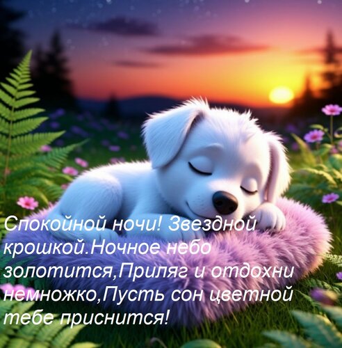 Открытка Спокойной ночи! Звездной крошкой Ночное небо золотится, Приляг и отдохни немножко, Пусть сон цветной