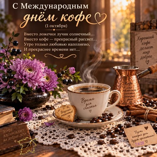 Открытка С Международным днём кофе (1 октября).
