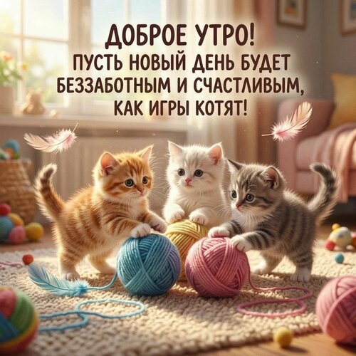 Открытка Доброе утро! Пусть новый день будет беззаботным и счастливым, как игры котят!