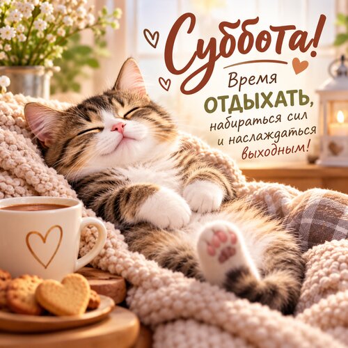 Открытка Суббота! Время отдыхать, набираться сил и наслаждаться выходным.