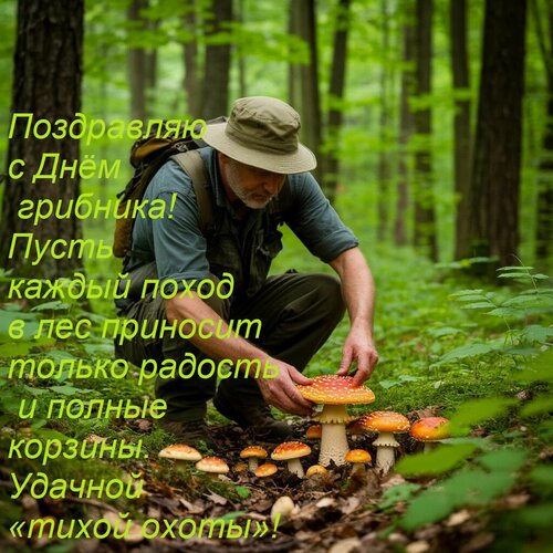 Открытка Поздравляю с Днём грибника! Пусть каждый поход в лес приносит только радость и полные корзины. Удачн