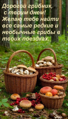 Открытка Дорогой грибник, с твоим днем! Желаю тебе найти все самые редкие и необычные грибы в твоих поездках.