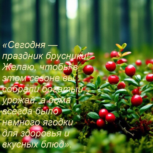 Открытка «Сегодня — праздник брусники! Желаю, чтобы в этом сезоне вы собрали богатый урожай, а дома всегда бы