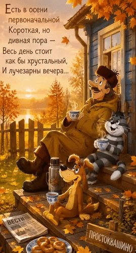 Анимированная открытка Есть в осени первоначальной короткая, но дивная пора - весь день стоит как бы хрустальный и лучезарн