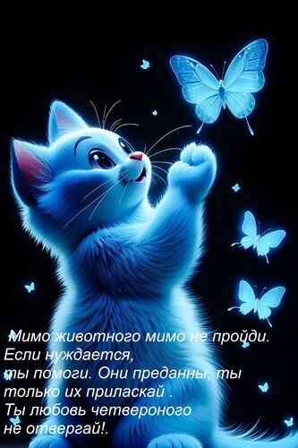 Открытка Мимо животного мимо не пройди. Если нуждается, ты помоги. Они преданны, ты только их приласкай. Т