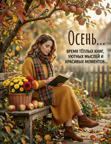 Анимированная открытка Осень... время тёплых книг, уютных мыслей и красивых моментов...