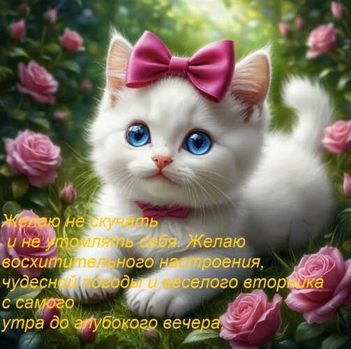 Открытка Желаю не скучать и не утомлять себя. Желаю восхитительного настроения, чудесной погоды и веселого