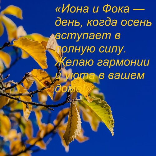Открытка «Иона и Фока — день, когда осень вступает в полную силу. Желаю гармонии и уюта в вашем доме!»