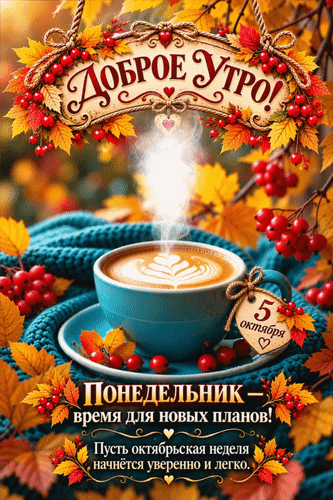Анимированная открытка 5 октября Доброе утро! Понедельник - время для новых планов! Пусть октябрьская неделя начнётся увере