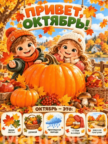 Анимированная открытка Привет, Октябрь! Октябрь - это: яркие листья, урожай, прохладная погода, тёплая одежда, осенние прог